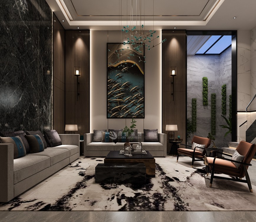 湖(hú)光山(shān)色下疊200平米現代東方風格客廳 (2)