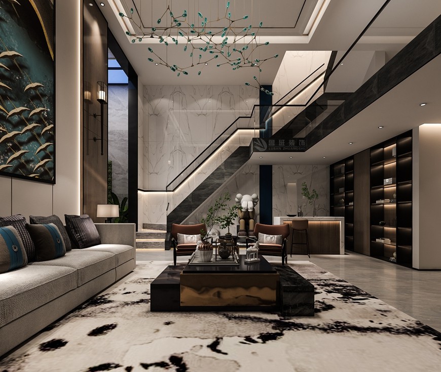 湖(hú)光山(shān)色下疊200平米現代東方風格樓梯間