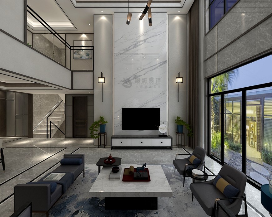 西安(ān)魯班裝(zhuāng)飾禦河上院300平米别墅新(xīn)中(zhōng)式設計客廳電(diàn)視背景牆設計 西安(ān)魯班裝(zhuāng)飾禦河上院300平米别墅新(xīn)中(zhōng)式設計客廳電(diàn)視背景牆設計