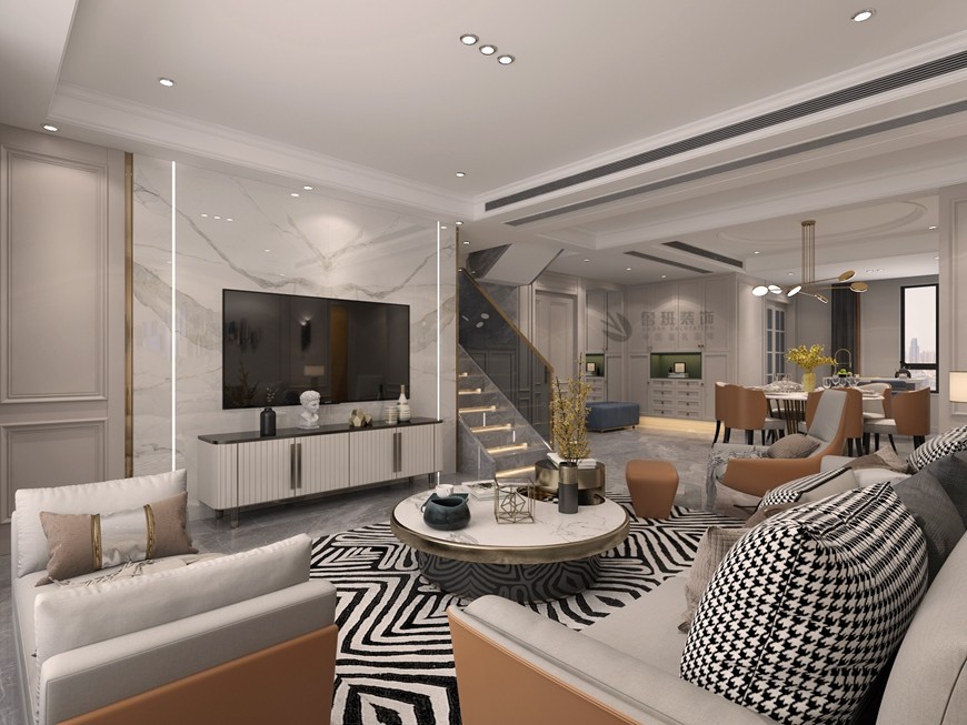 西安(ān)魯班裝(zhuāng)飾南湖(hú)藝境260平米複式美式輕奢浪漫設計——客廳電(diàn)視背景牆設計 西安(ān)魯班裝(zhuāng)飾南湖(hú)藝境260平米複式美式輕奢浪漫設計——客廳電(diàn)視背景牆設計