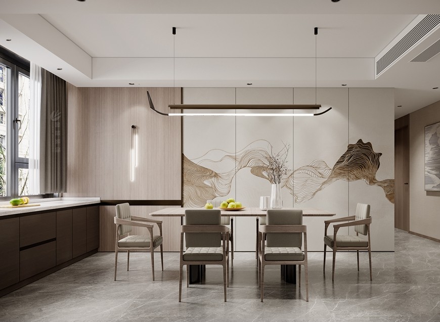 西安(ān)魯班裝(zhuāng)飾華清學(xué)府城150平米新(xīn)中(zhōng)式設計——餐廳效果圖