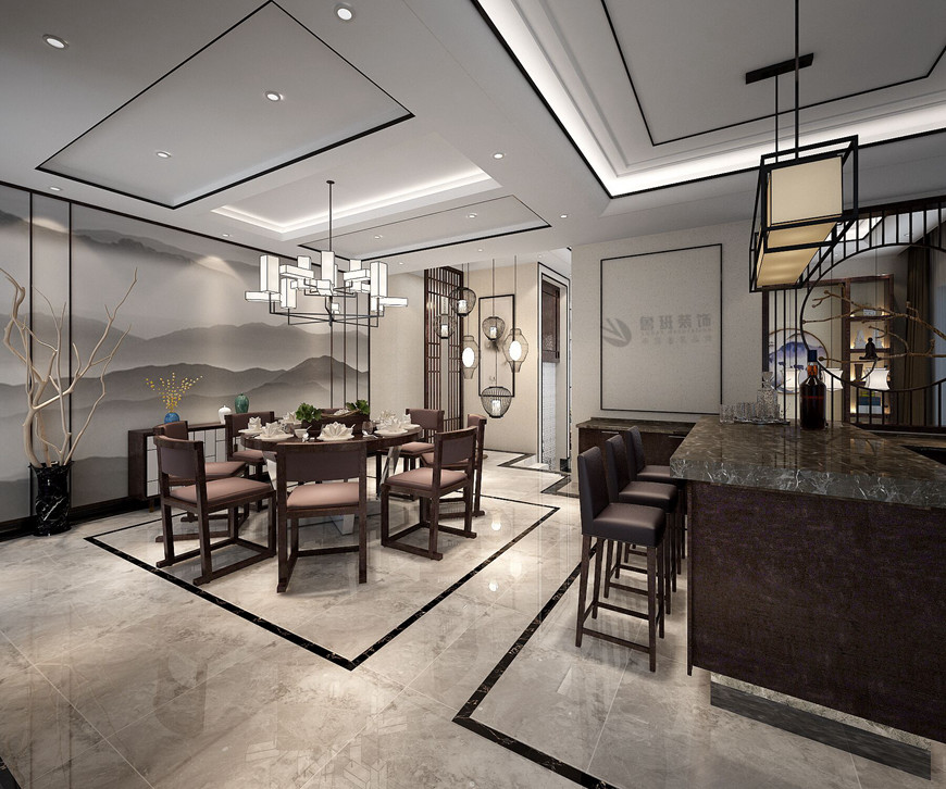 西安(ān)魯班裝(zhuāng)飾出品金地湖(hú)城大境339平米黑胡桃色新(xīn)中(zhōng)式田百朋主筆(bǐ)設計——西餐台設計效果圖