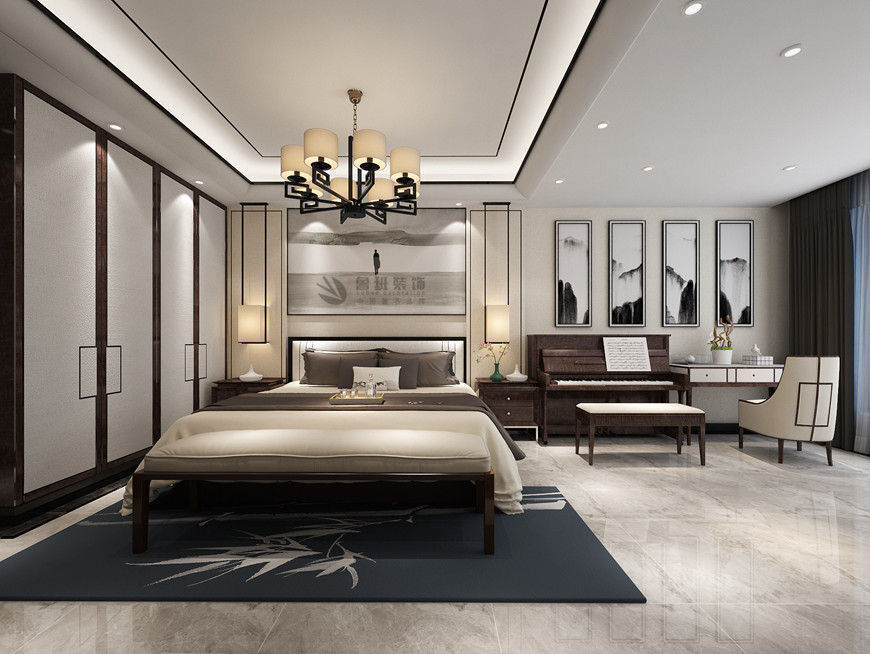 西安(ān)魯班裝(zhuāng)飾出品金地湖(hú)城大境339平米黑胡桃色新(xīn)中(zhōng)式田百朋主筆(bǐ)設計——次卧設計效果圖