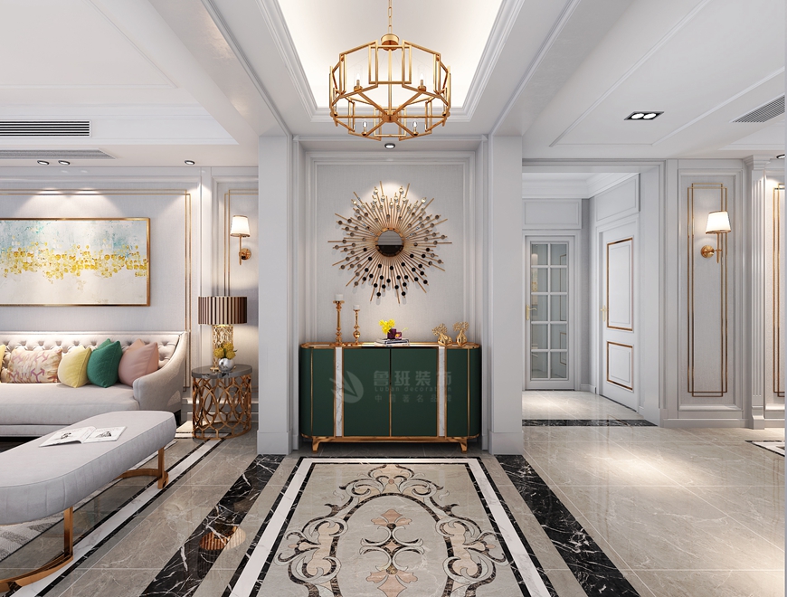 西安(ān)魯班裝(zhuāng)飾出品天創雲墅170平米四居室美式輕奢塗黎設計師主筆(bǐ)——玄關設計效果圖